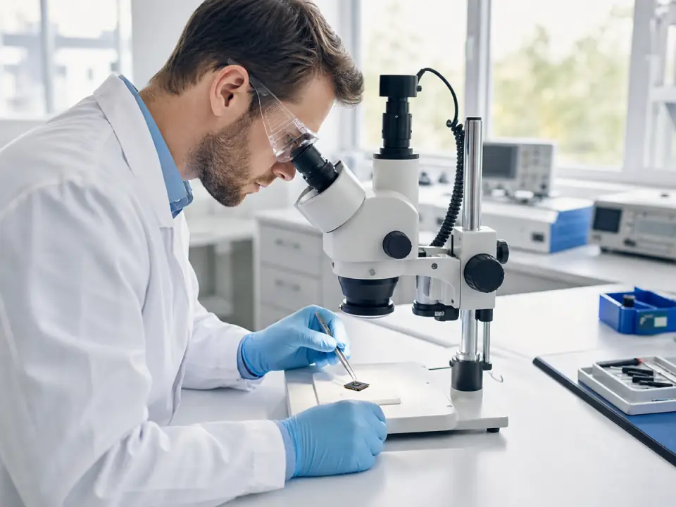 Technician inspecting electronic components in a laboratory