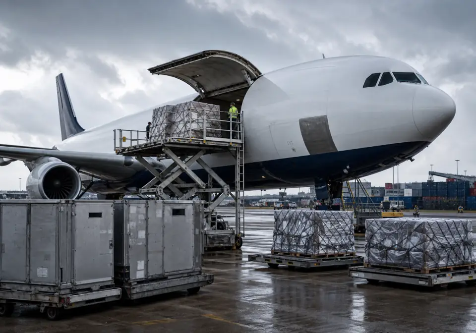 Cargo aircraft and freight containers representing global logistics