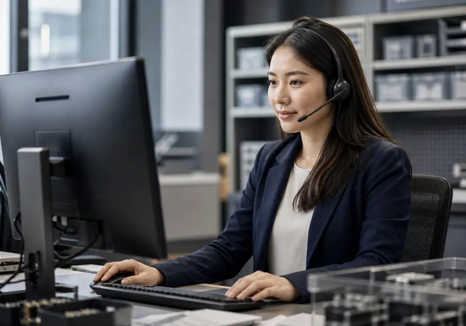 Professional electronic component sourcing specialist wearing a headset